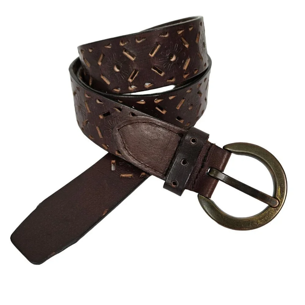 Boho Chocolate Brown Perforated Sunburst Tooled Leather Belt L